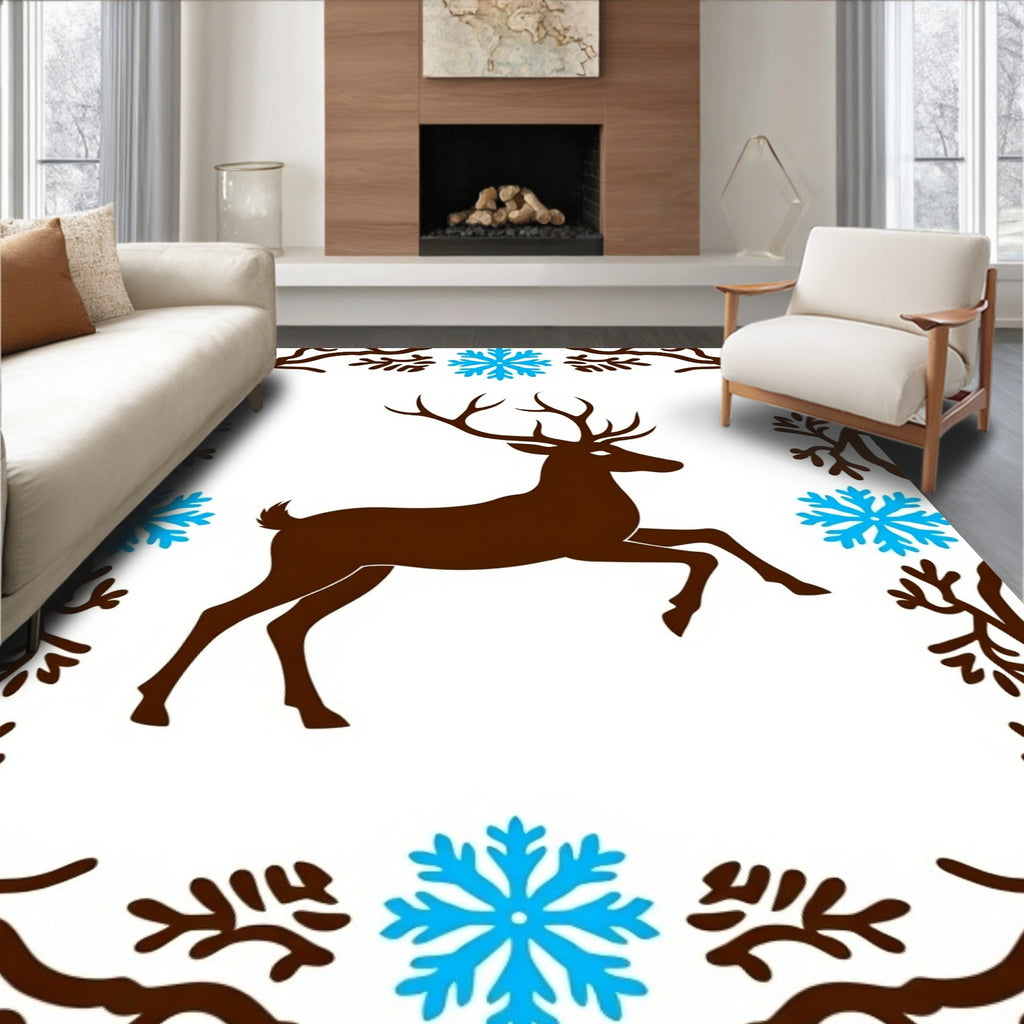 Brown Deer Blue Snowflakes Winter Scene Rug