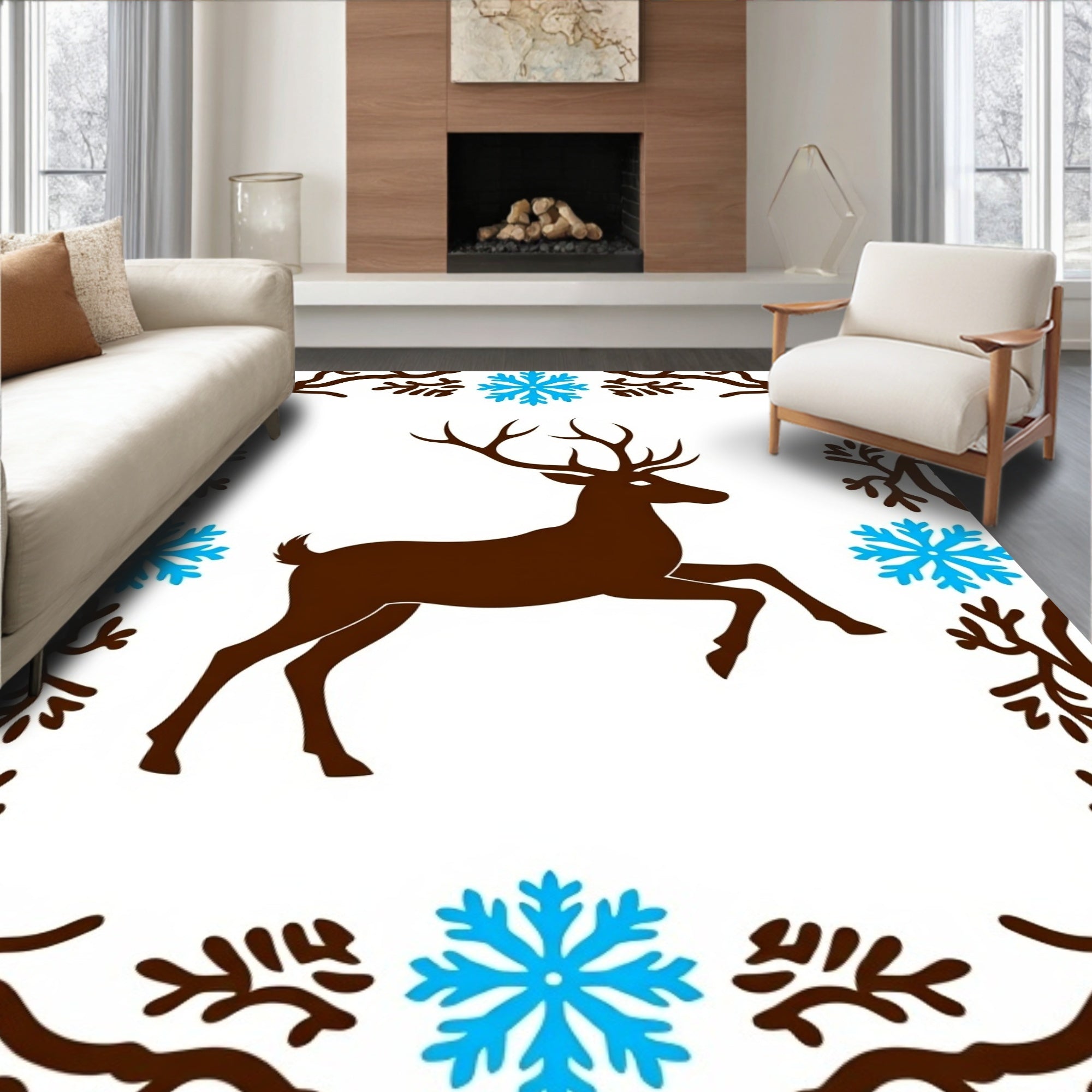 Brown Deer Blue Snowflakes Winter Scene Rug