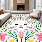 Whimsical White Bunny Floral Garden Rug