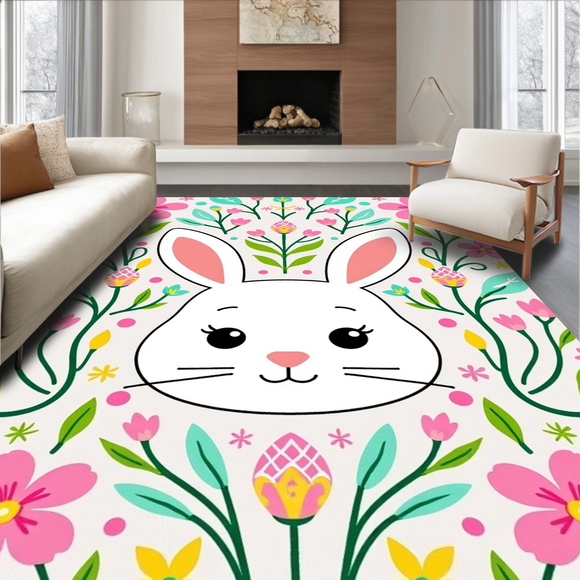 Whimsical White Bunny Floral Garden Rug