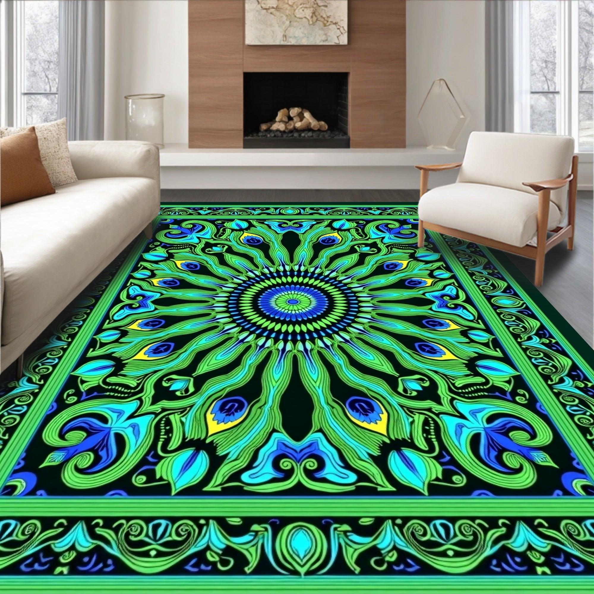 Vibrant Peacock Feather Medallion Rug