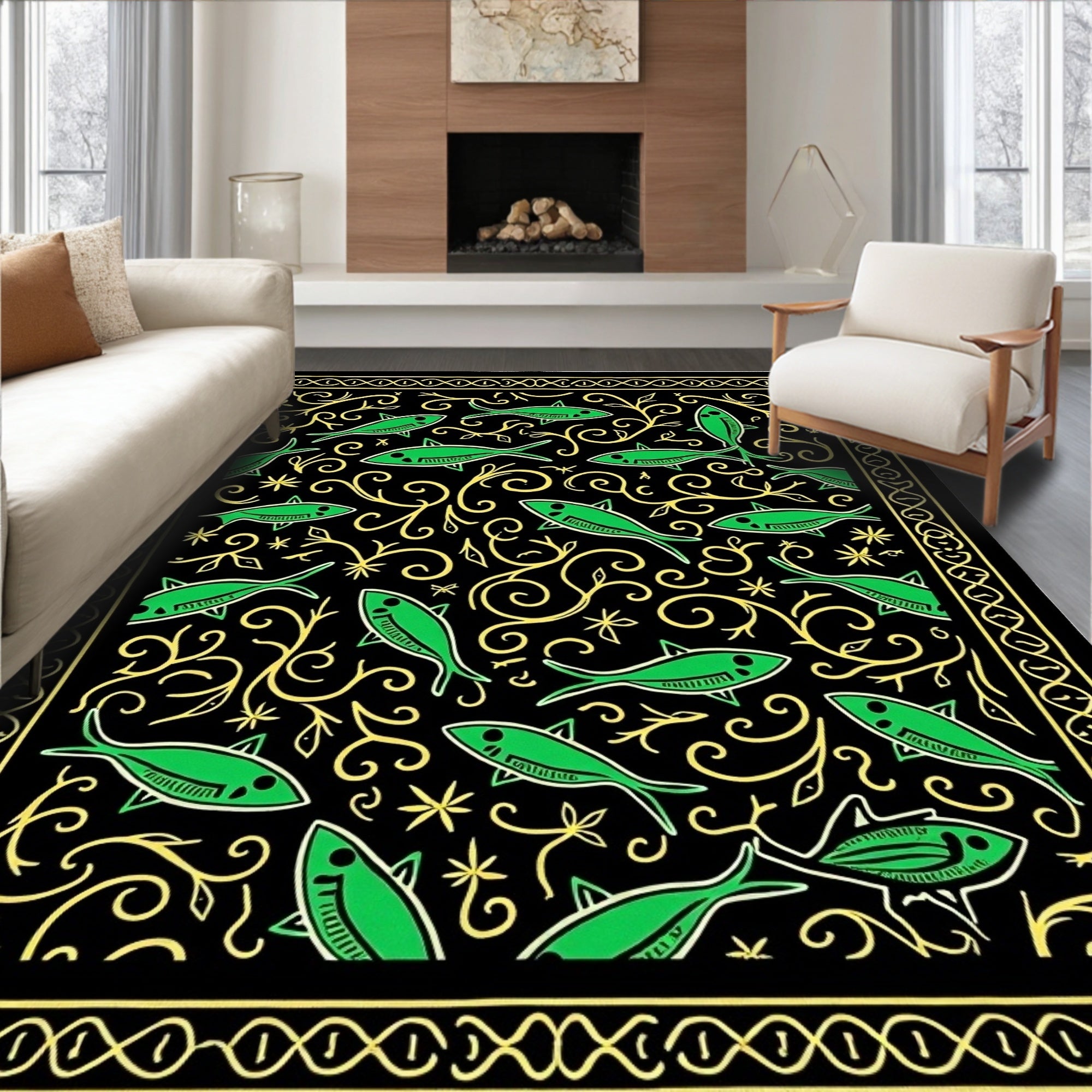 Black Green Fish Swirl Botanical Border Rug