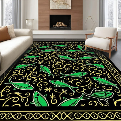 Black Green Fish Swirl Botanical Border Rug