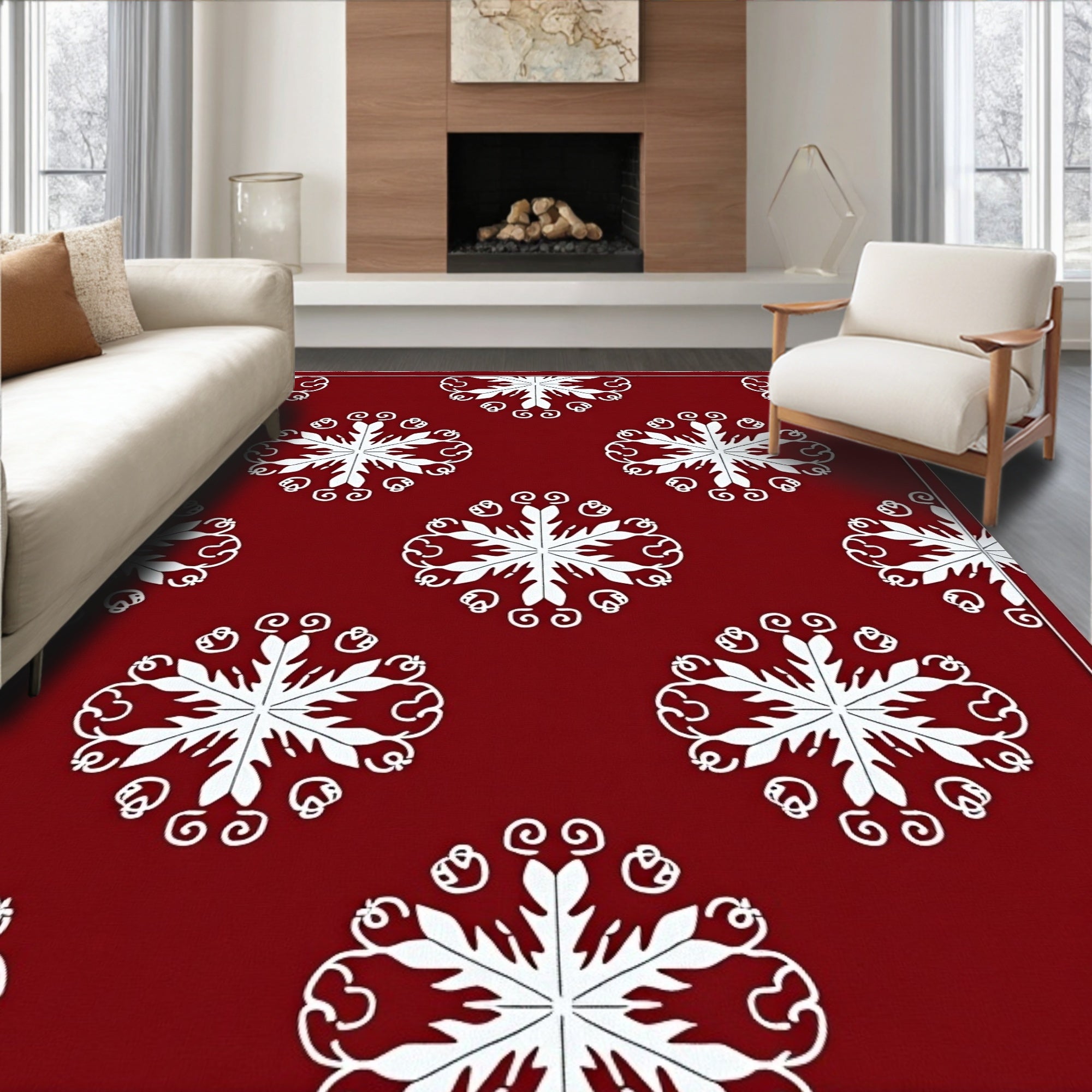 Crimson White Snowflake Arabesque Rug