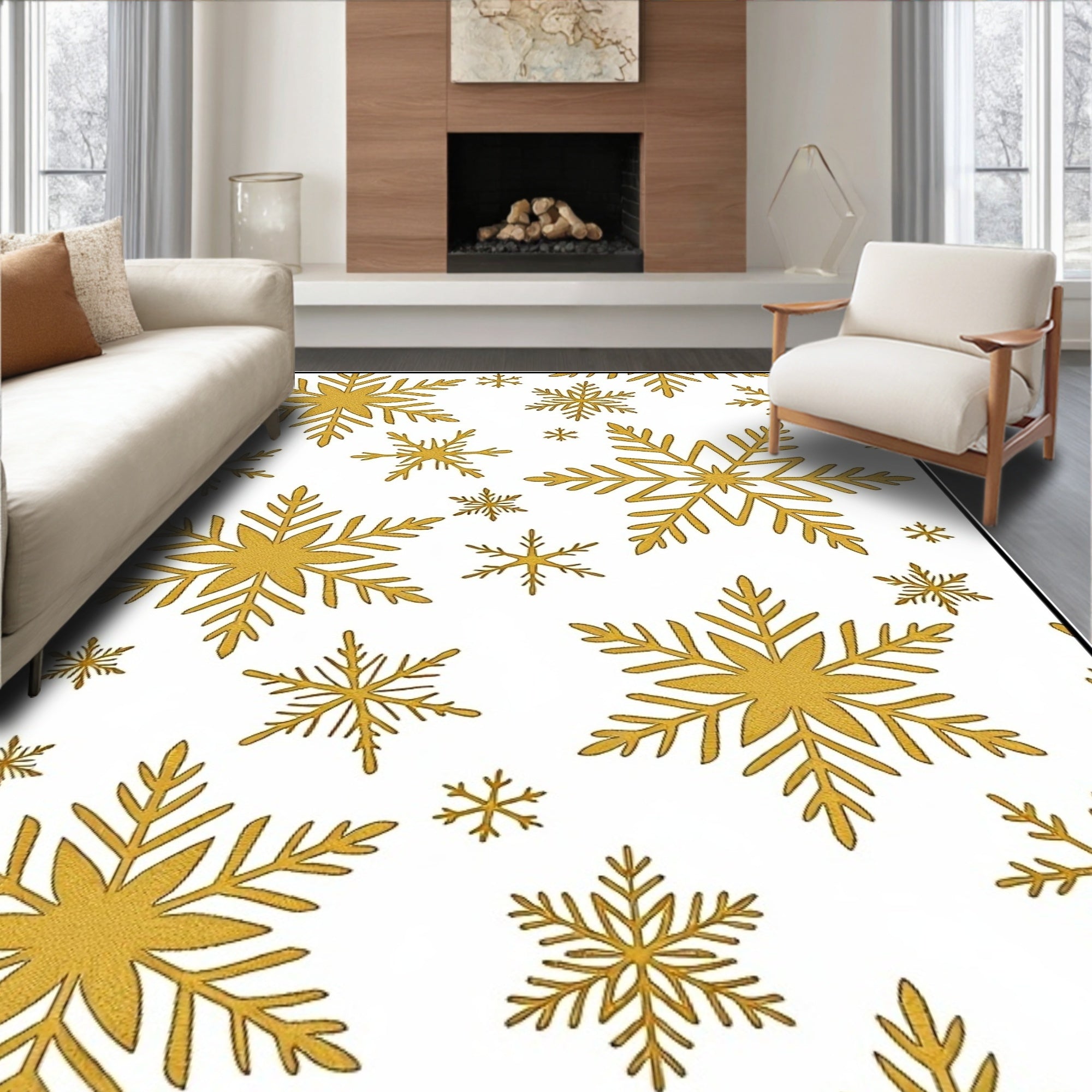 Golden Snowflake Scatter Holiday Rug