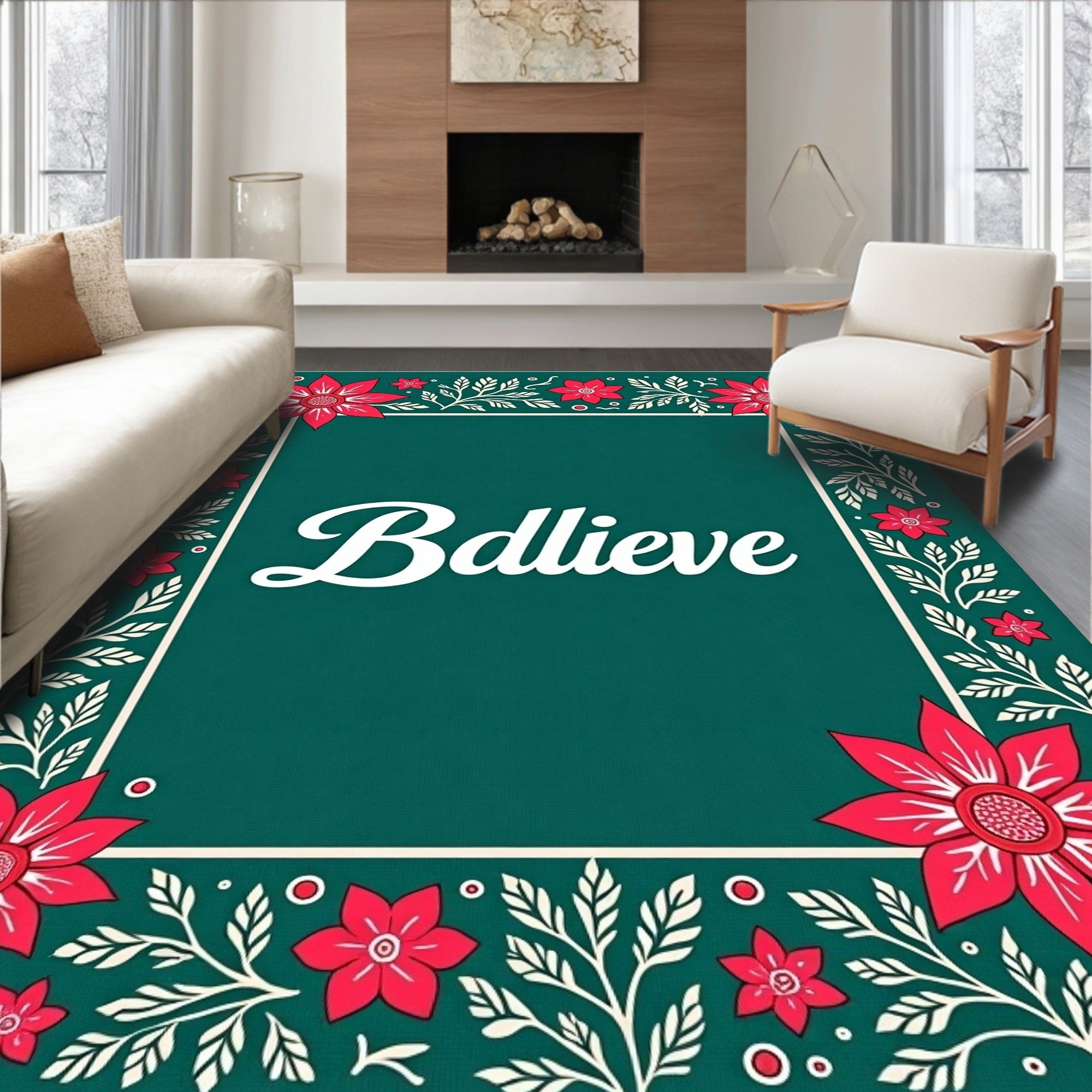 Crimson Floral Botanical Border Rug