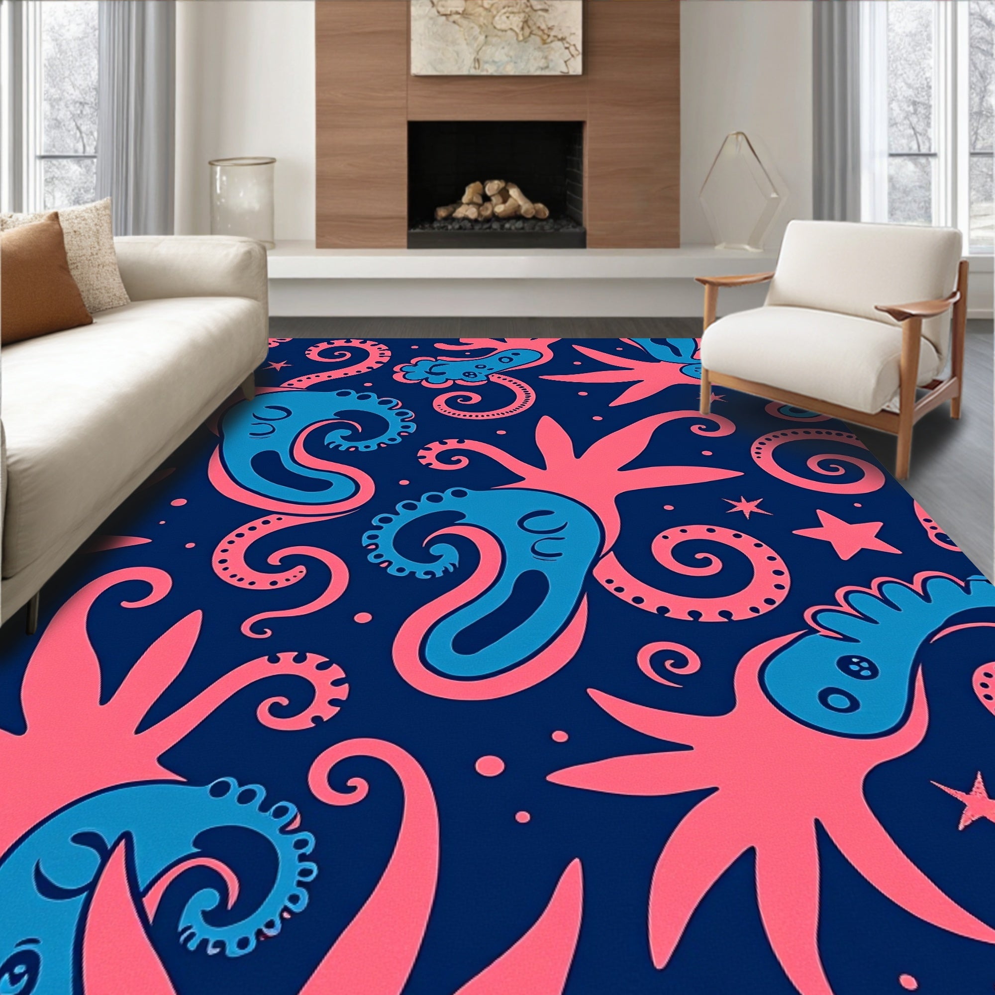 Coral Blue Octopus Starfish Swirl Rug