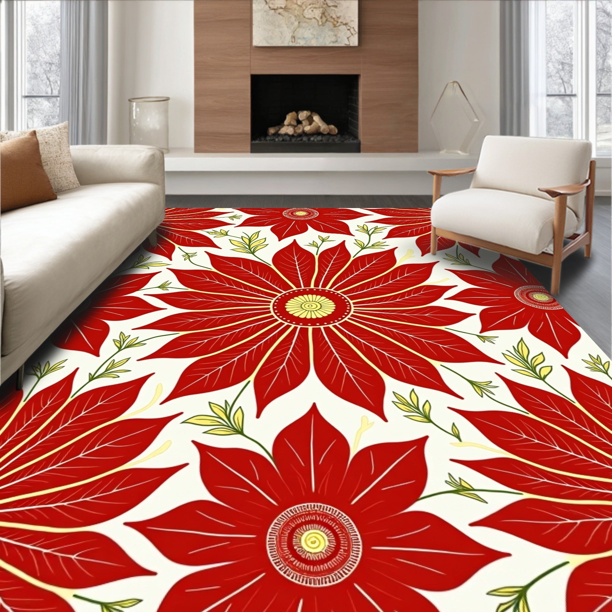 Bold Red Floral Medallion Vines Rug