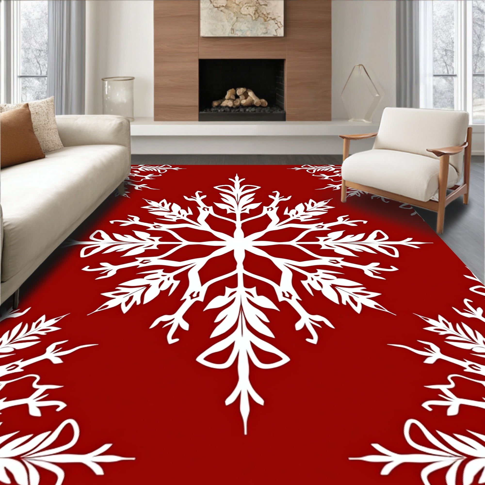 Crimson White Winter Snowflake Graphic Rug