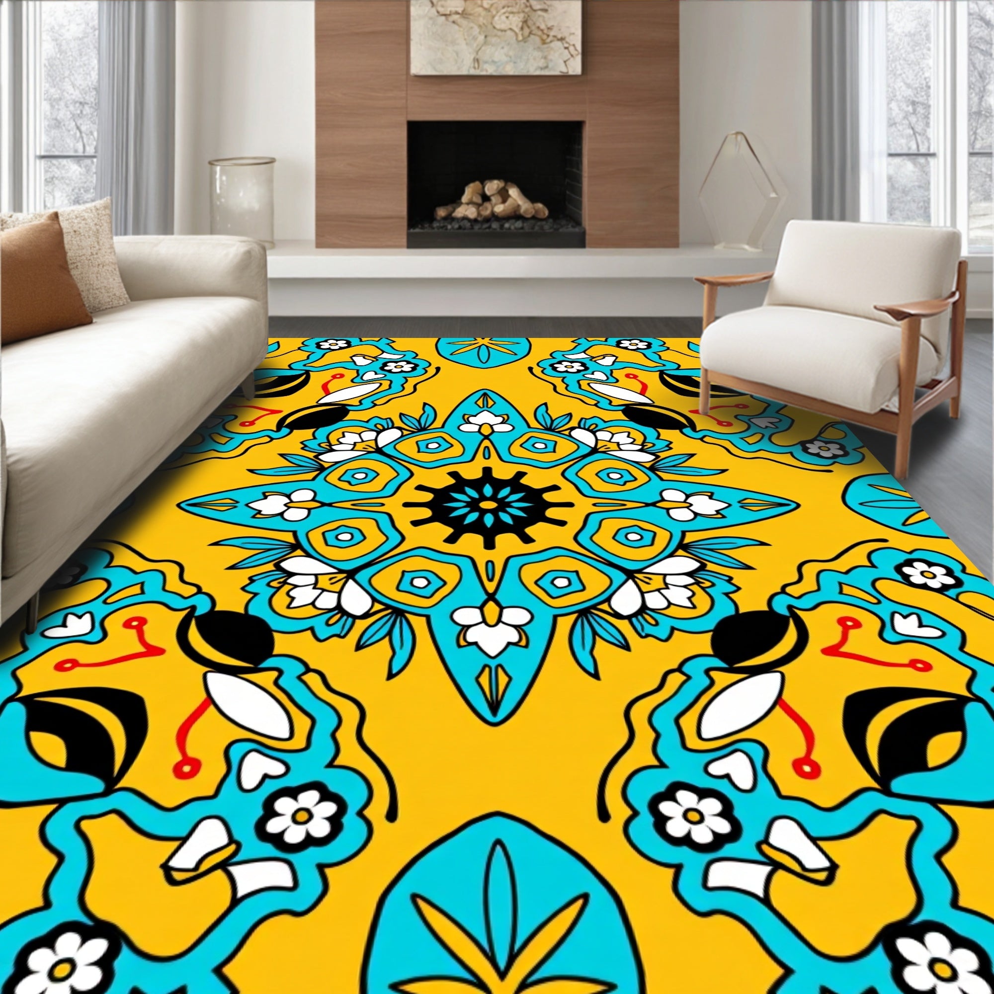 Saffron Teal Floral Medallion Sunburst Rug