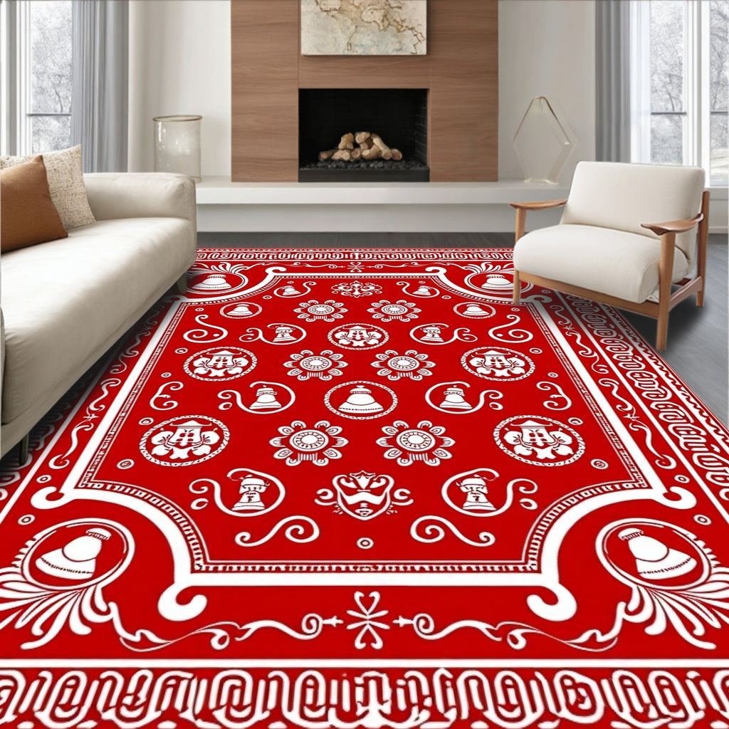 Red White Bell Floral Medallion Border Rug