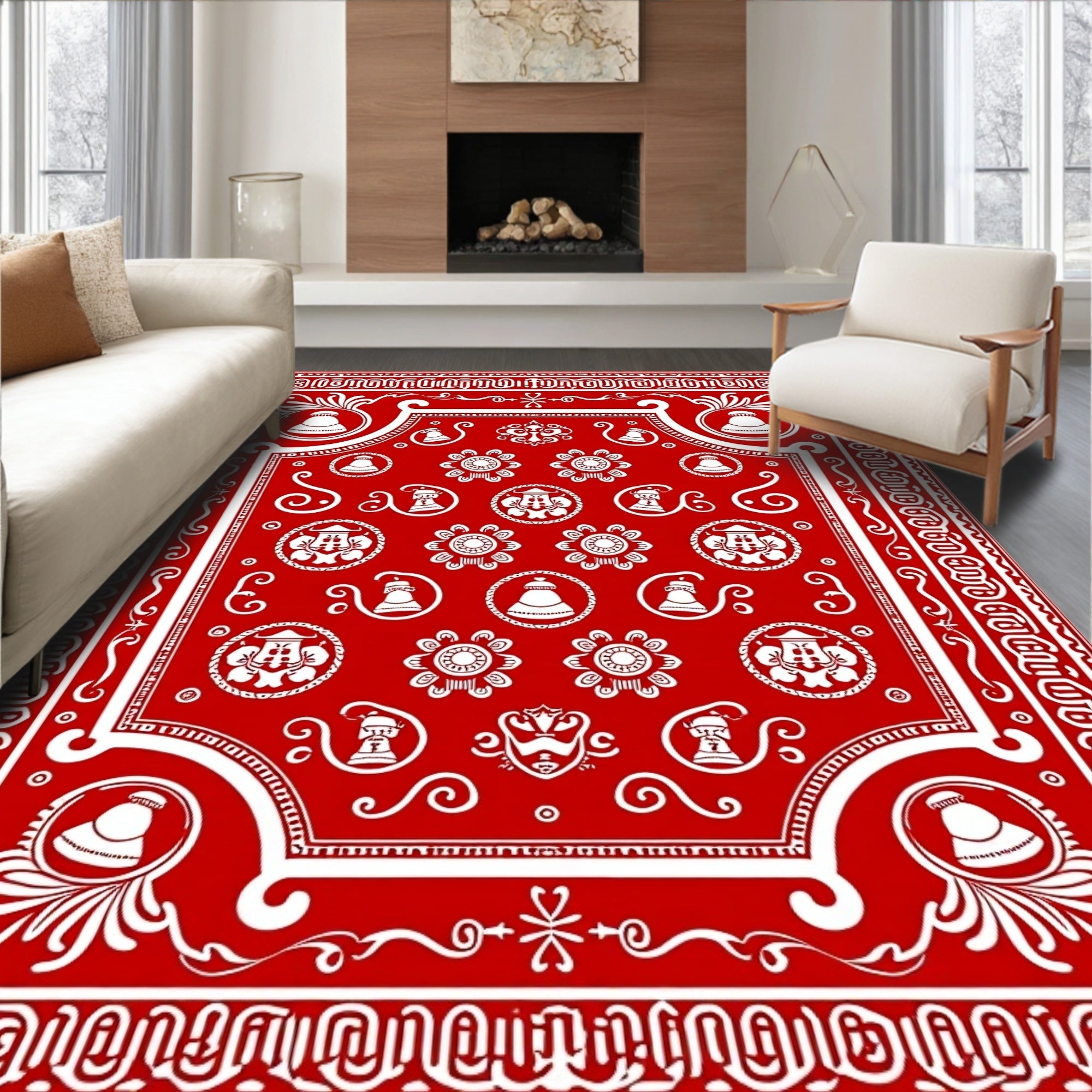 Red White Bell Floral Medallion Border Rug
