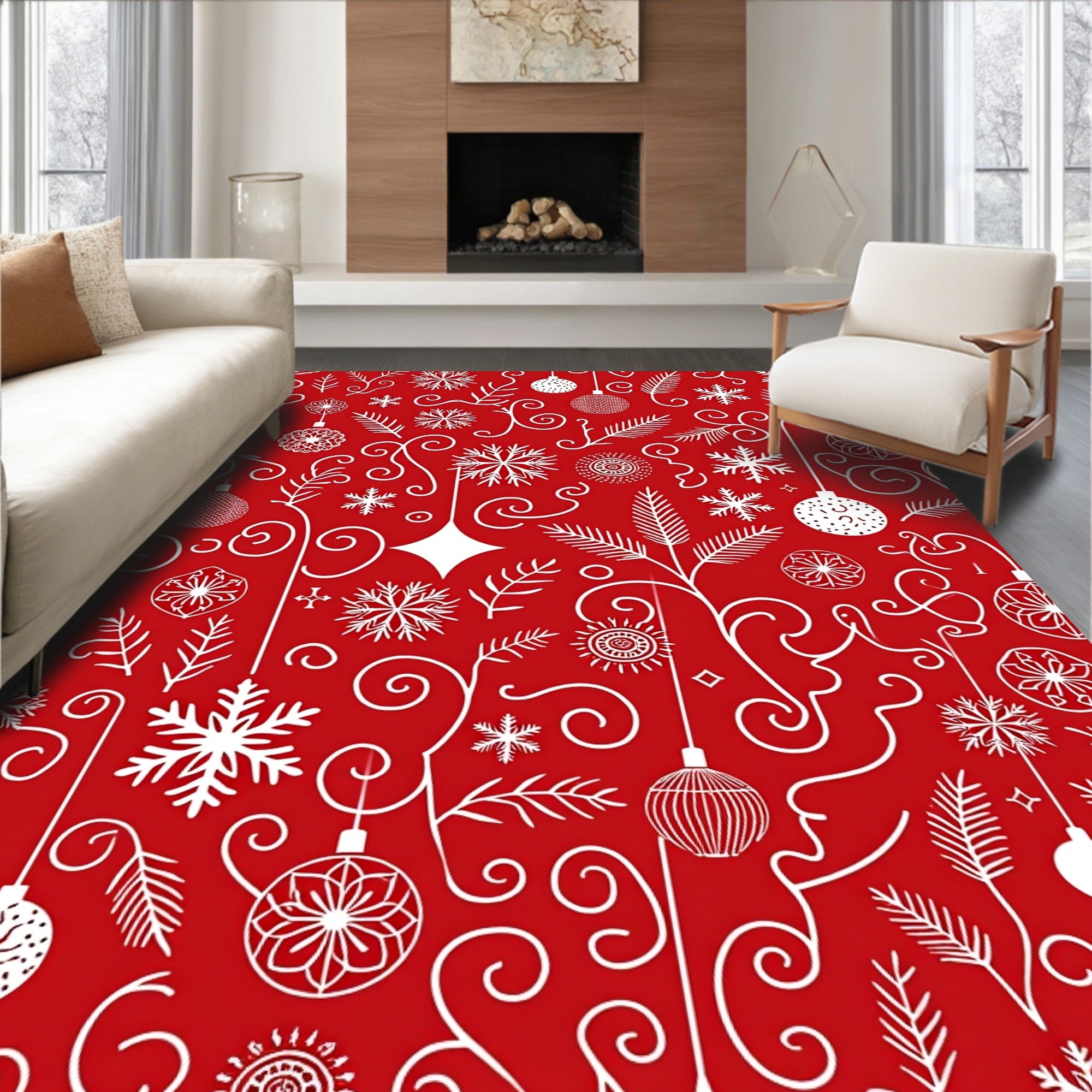 Red White Holiday Ornaments Snowflakes Vines Rug