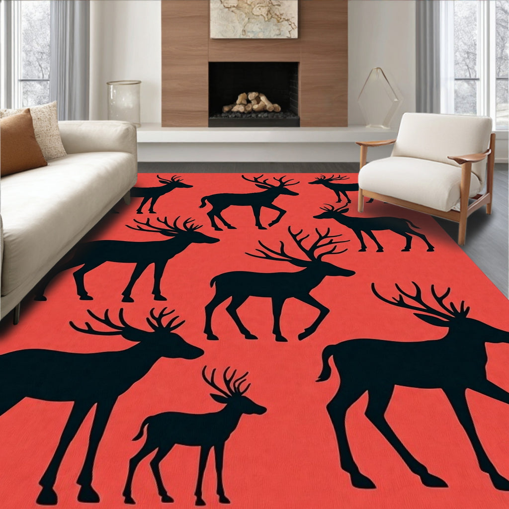 Black Deer Silhouette Red Contemporary Rug