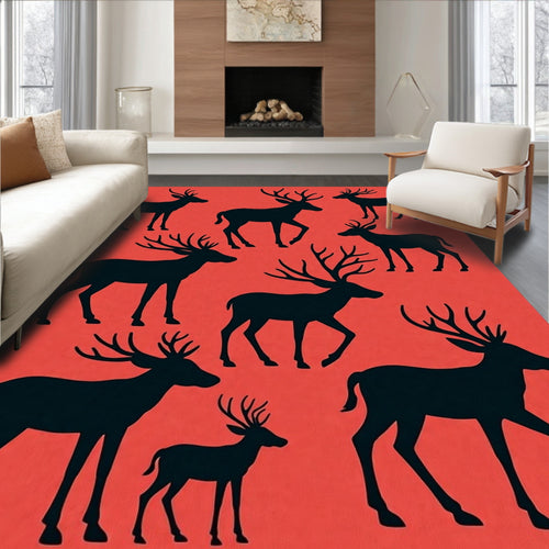 Black Deer Silhouette Red Contemporary Rug