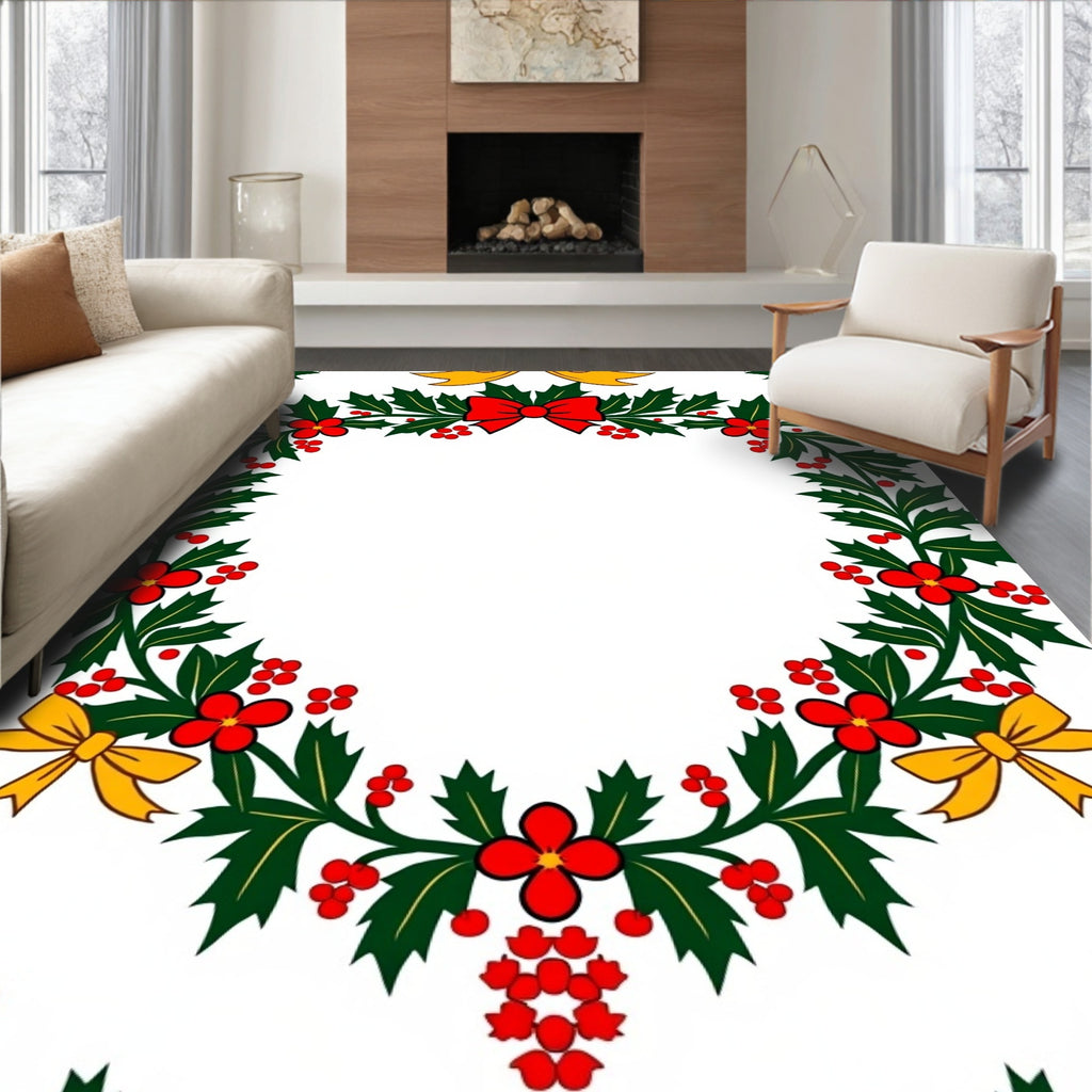 Holiday Holly Wreath Red Yellow Bows Rug