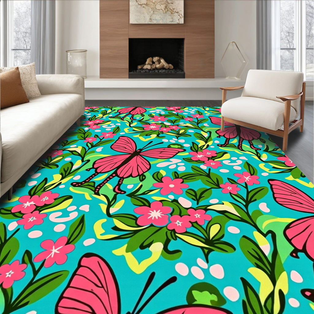 Vibrant Pink Butterfly Floral Garden Rug