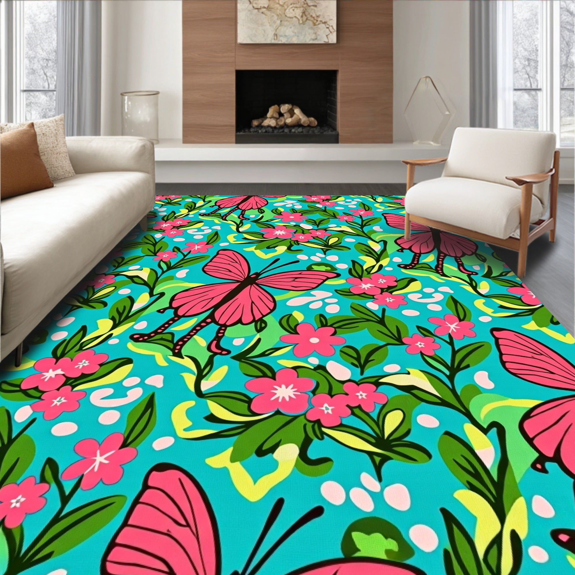 Vibrant Pink Butterfly Floral Garden Rug