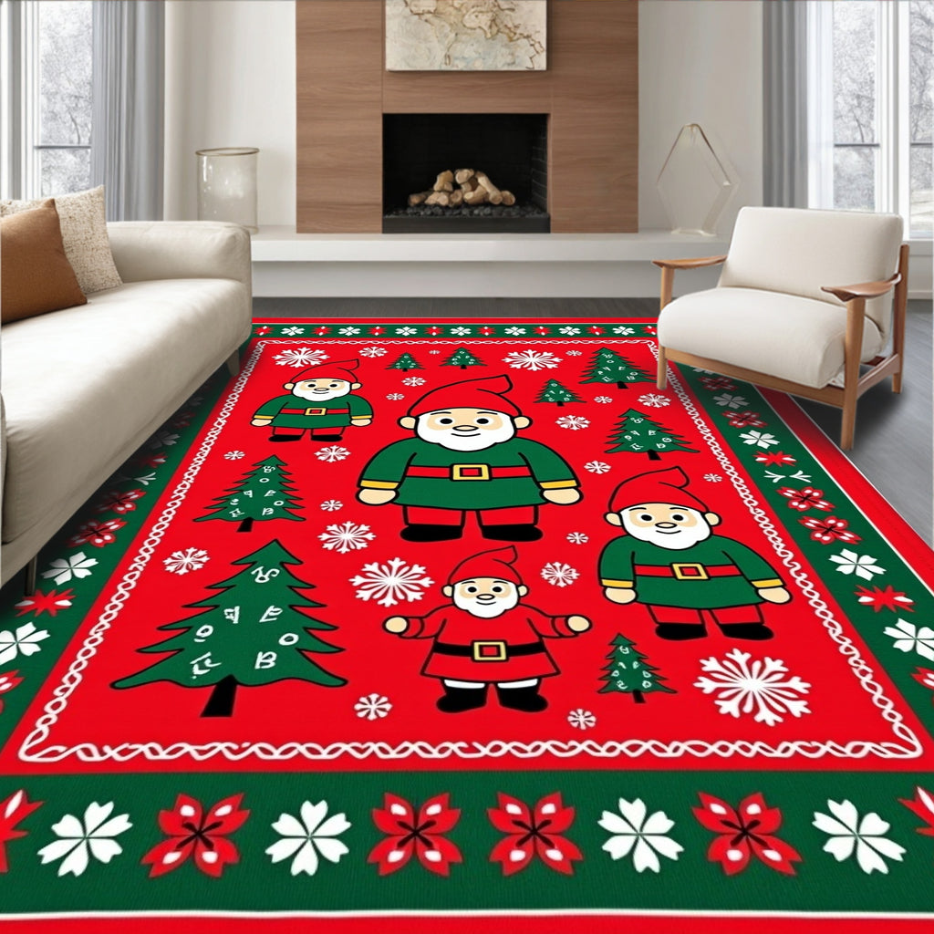 Festive Red Gnome Snowflake Christmas Rug