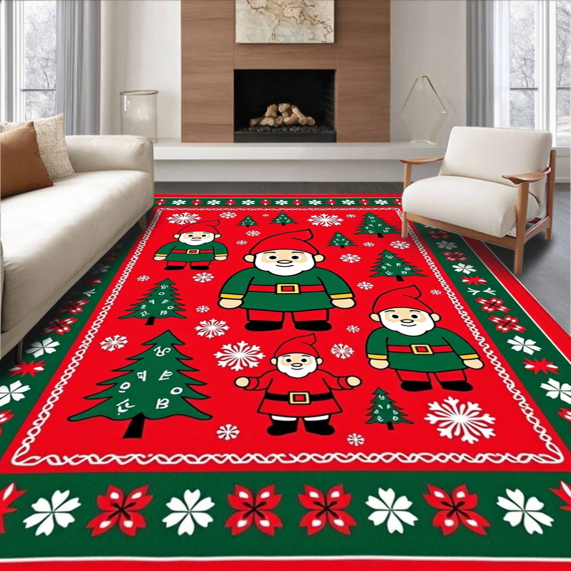 Festive Red Gnome Snowflake Christmas Rug
