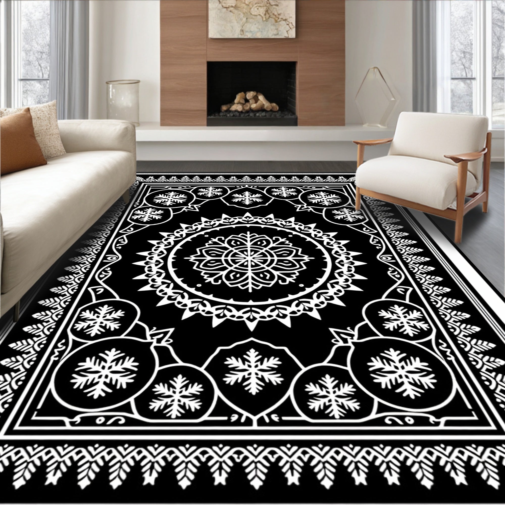 Monochromatic Ornate Snowflake Mandala Medallion Rug