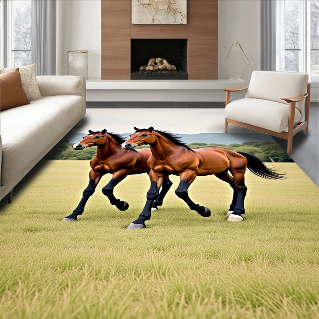 Bay Horses Galloping Verdant Field Rug