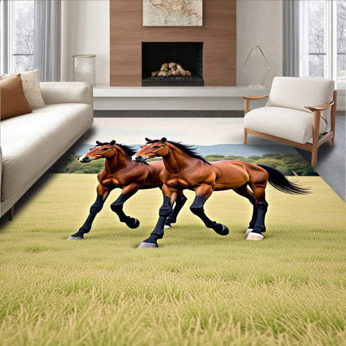 Bay Horses Galloping Verdant Field Rug