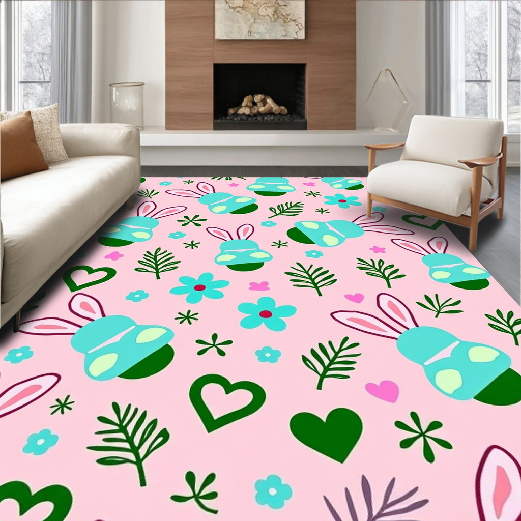 Playful Bunny Hearts Spring Floral Rug