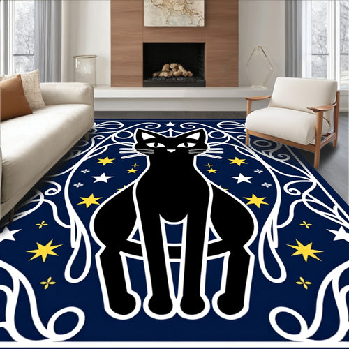 Black Cat Starry Night Swirls Rug