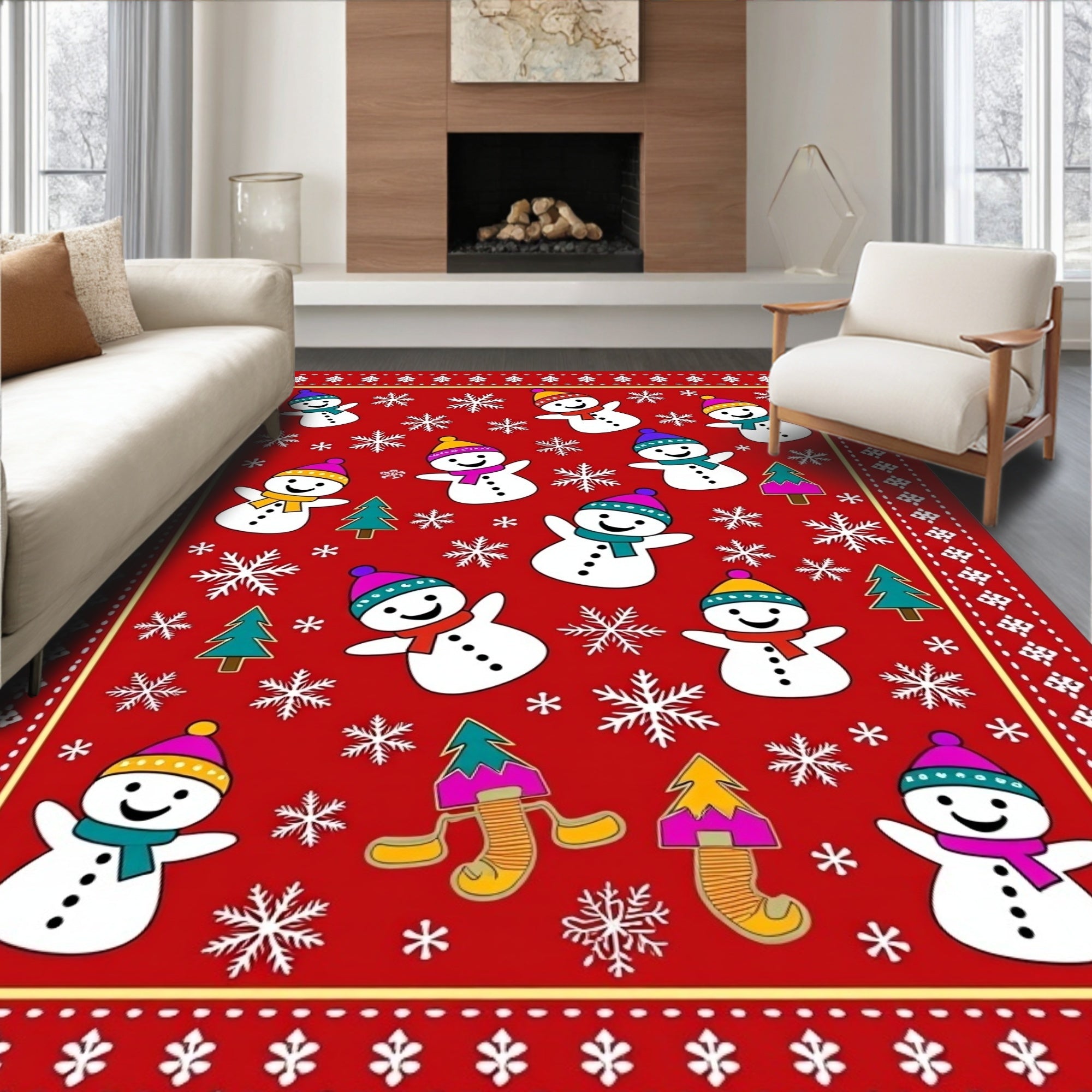 Playful Snowman Red Christmas Trees Rug