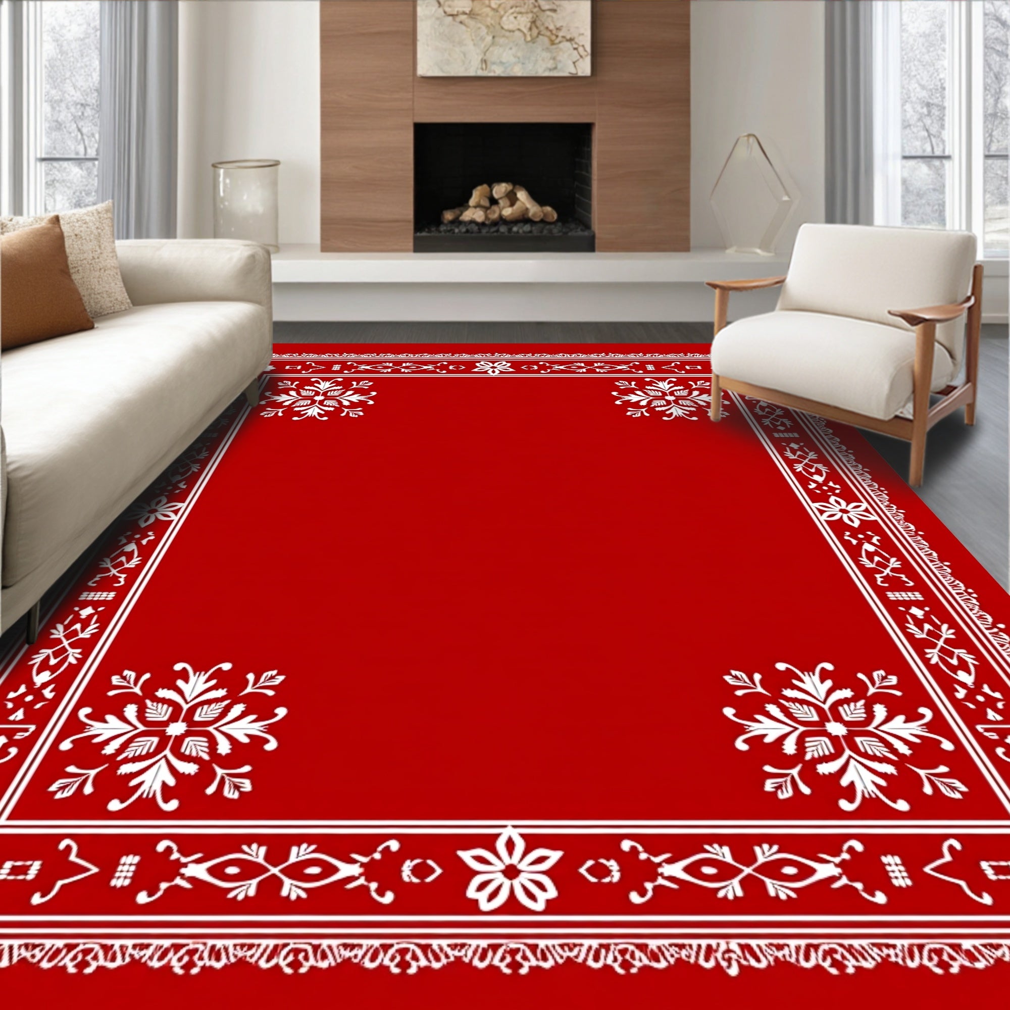 Crimson White Floral Border Medallion Rug