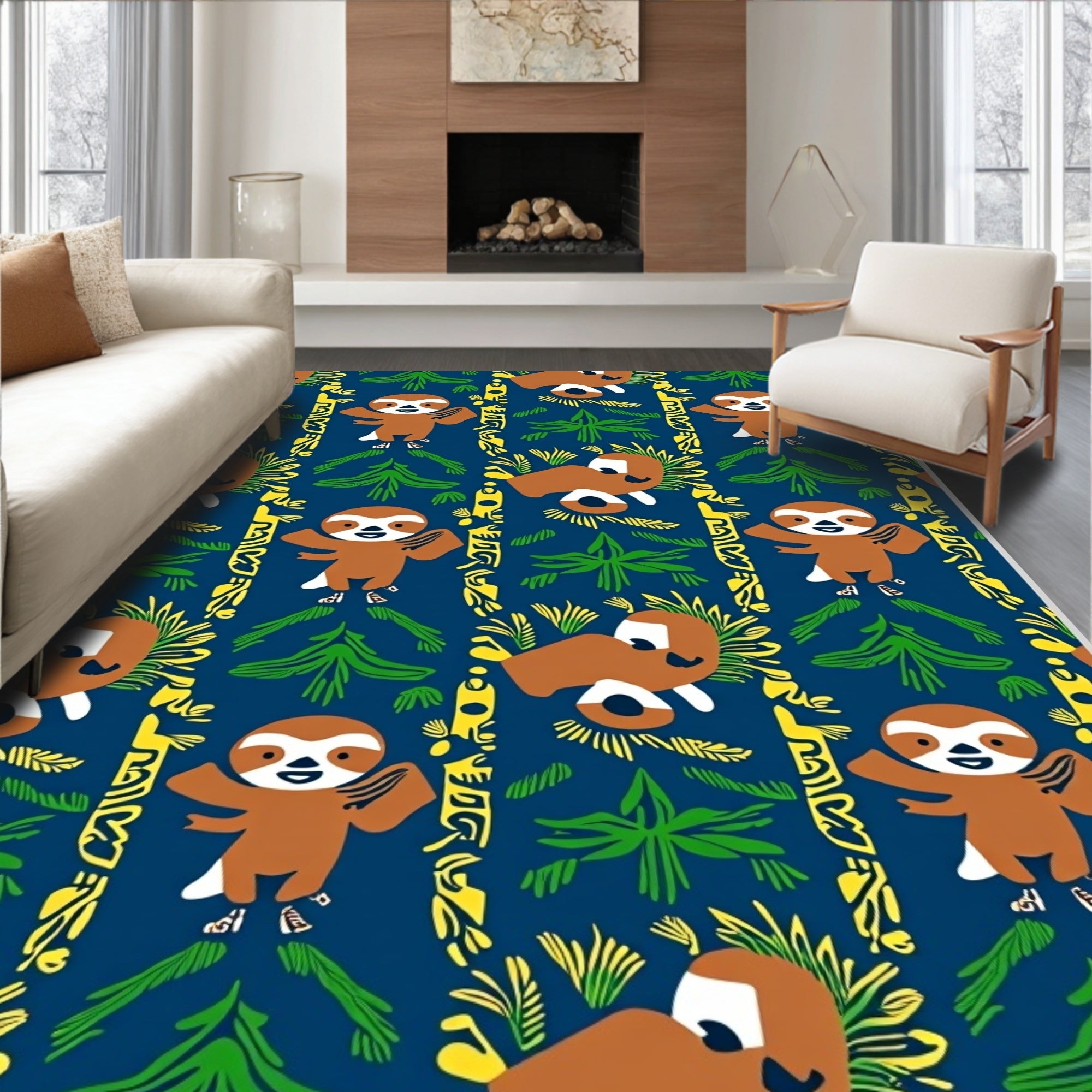 Cute Sloth Jungle Animals with Foliage Rug