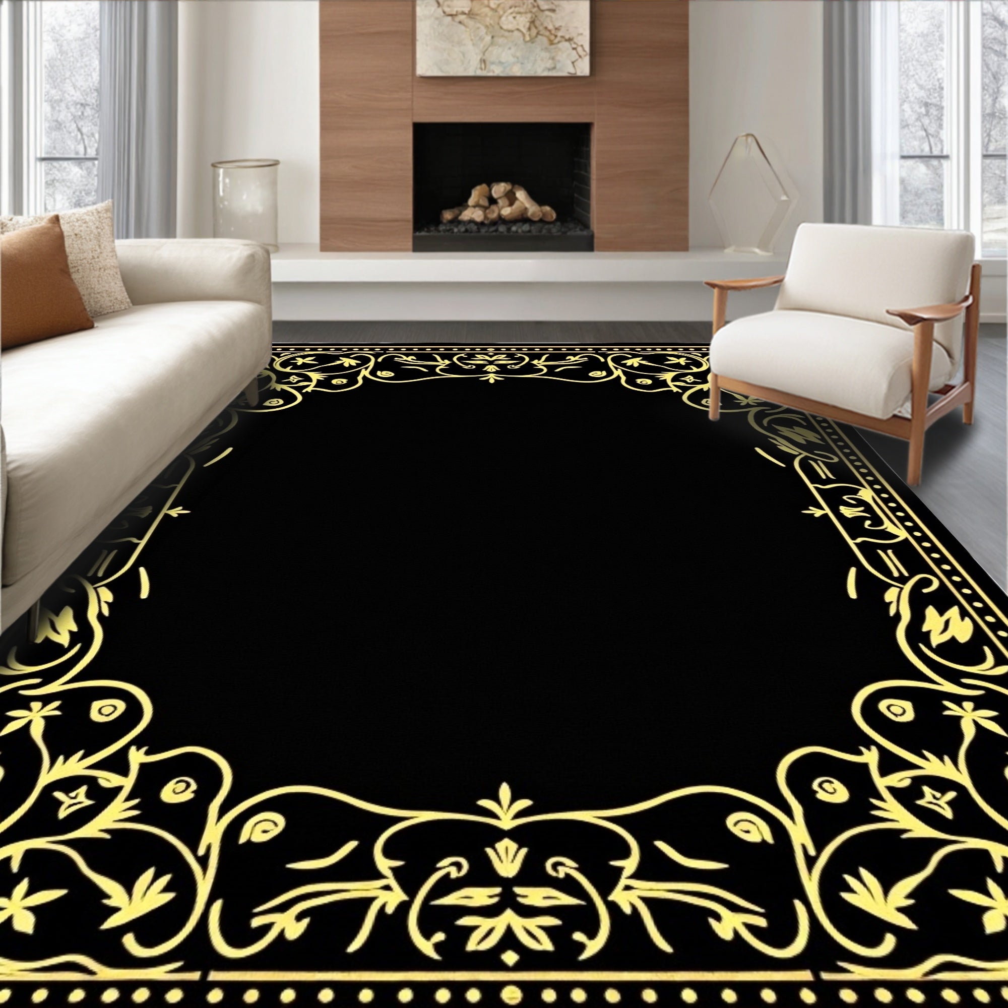 Black Gold Floral Scroll Ornament Rug