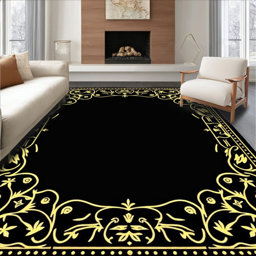 Black Gold Floral Scroll Ornament Rug