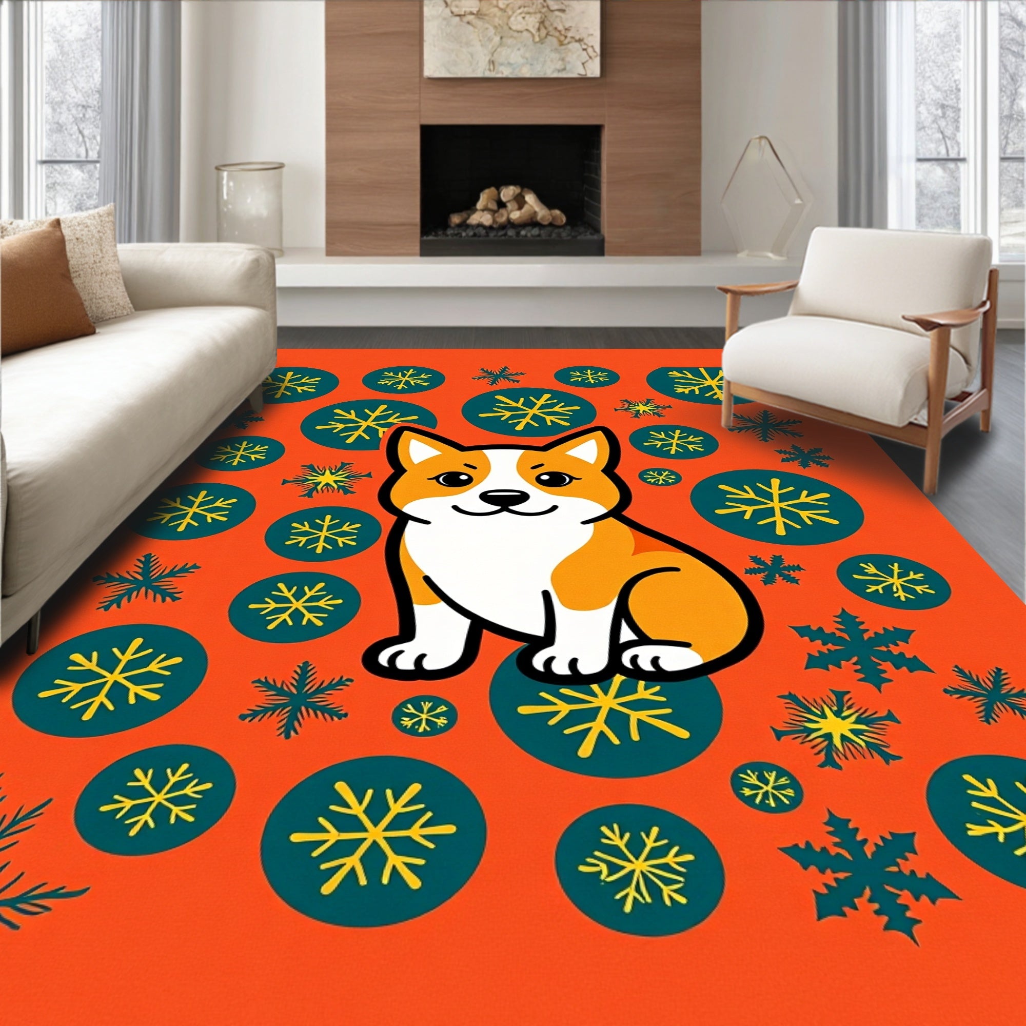 Orange Corgi Snowflake Medley Rug