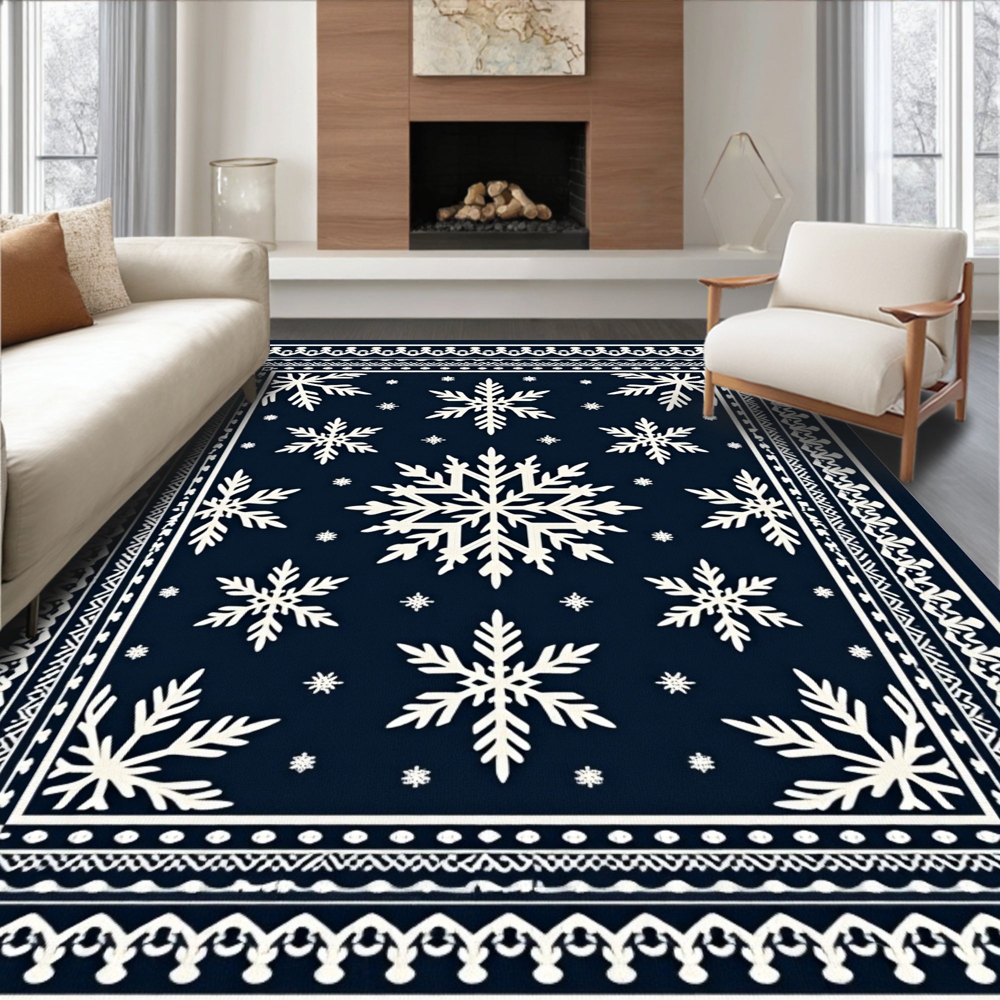 Navy White Snowflake Winter Border Rug