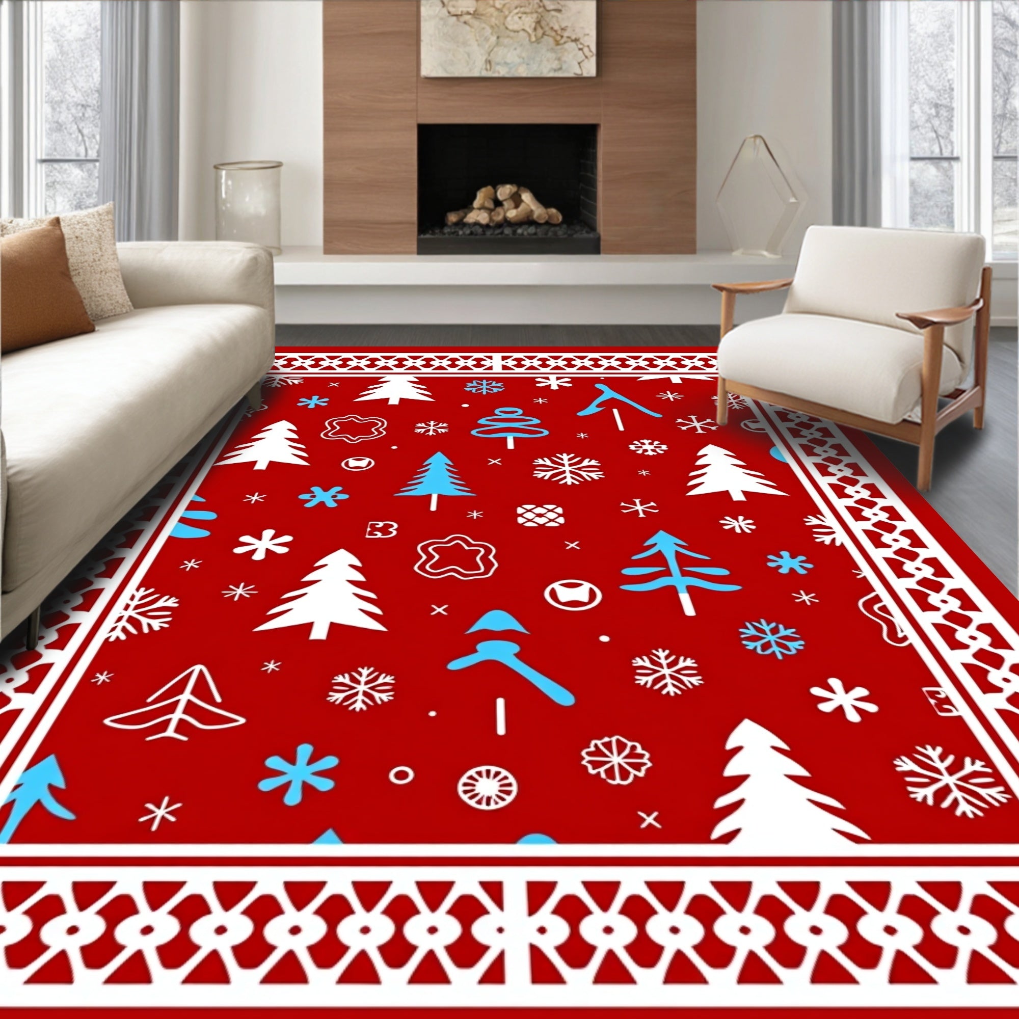 Red Winter Trees Snowflakes Border Rug