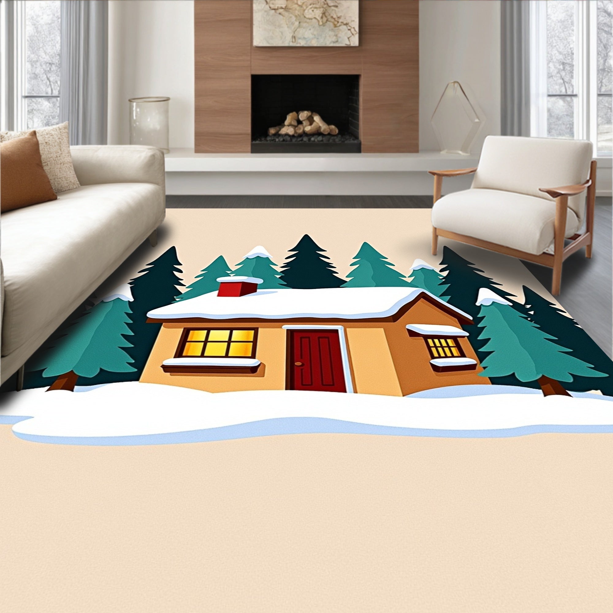 Cozy Yellow Cabin Winter Evergreen Forest Rug