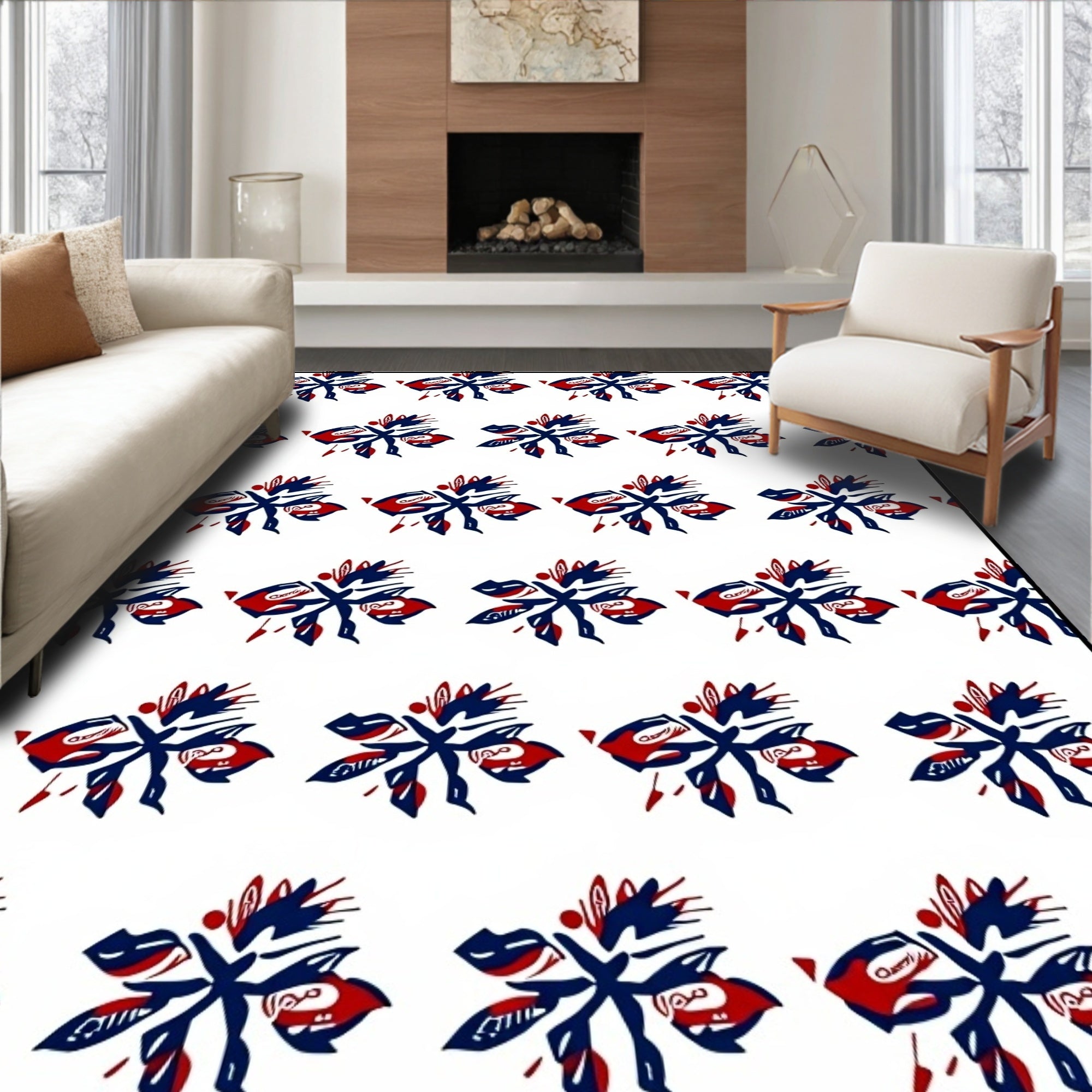 Bold Navy Red Abstract Floral Arrangement Rug