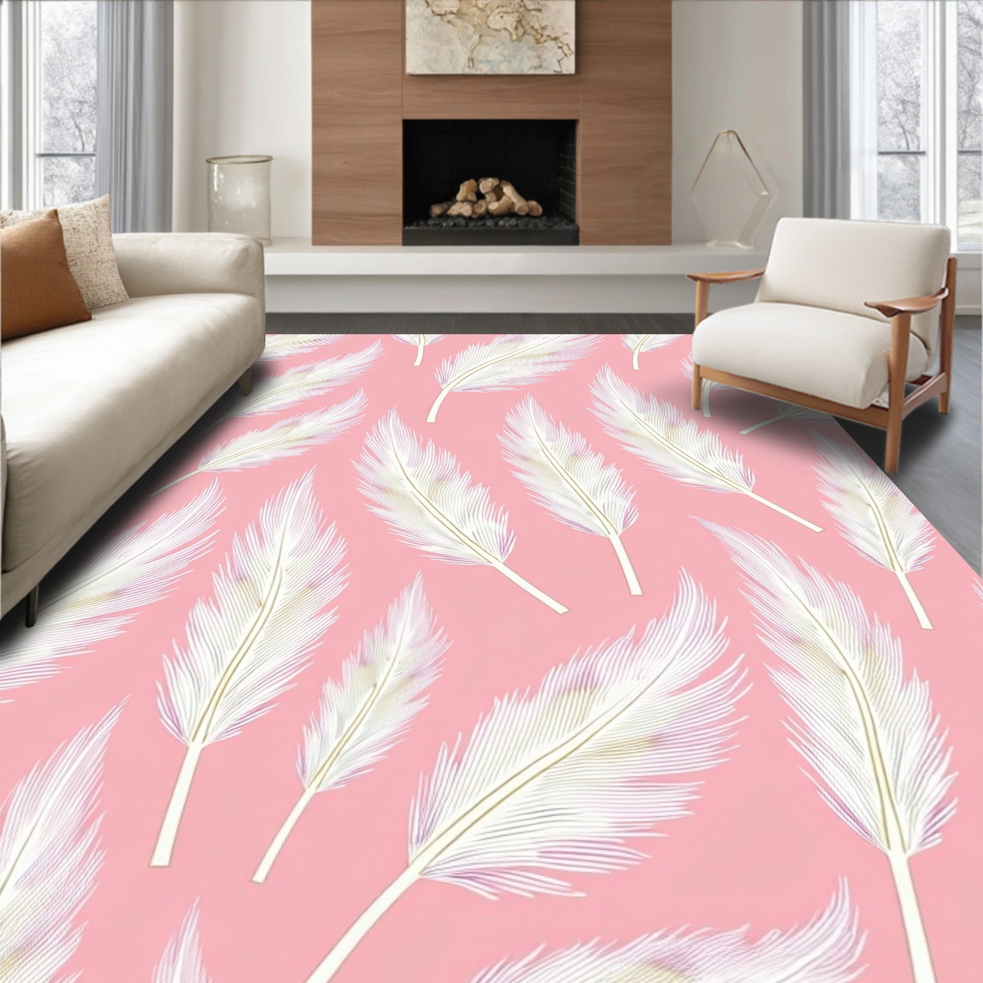 Elegant White Feather Pattern Pink Background Rug