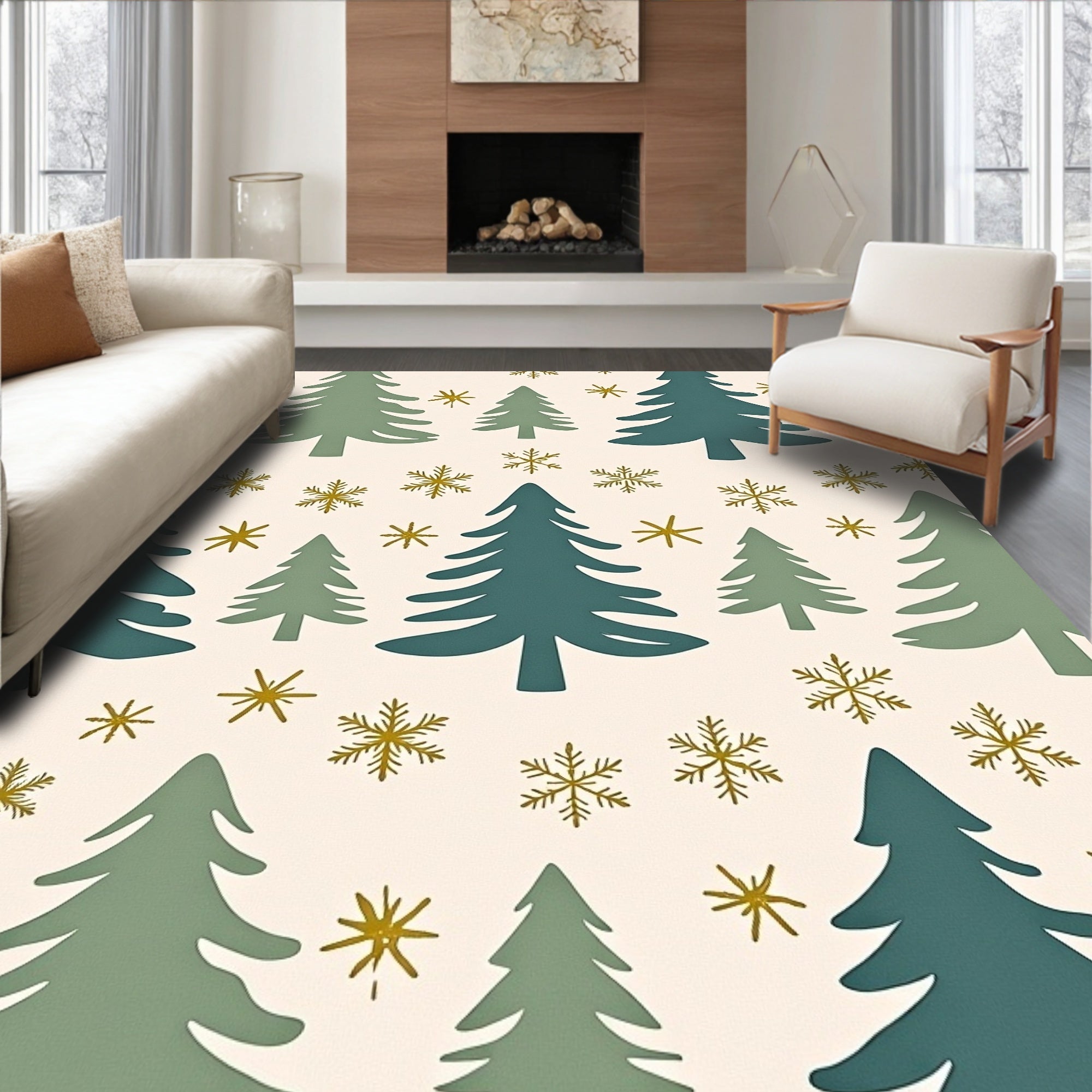 Winter Evergreen Snowflakes Trees Rug