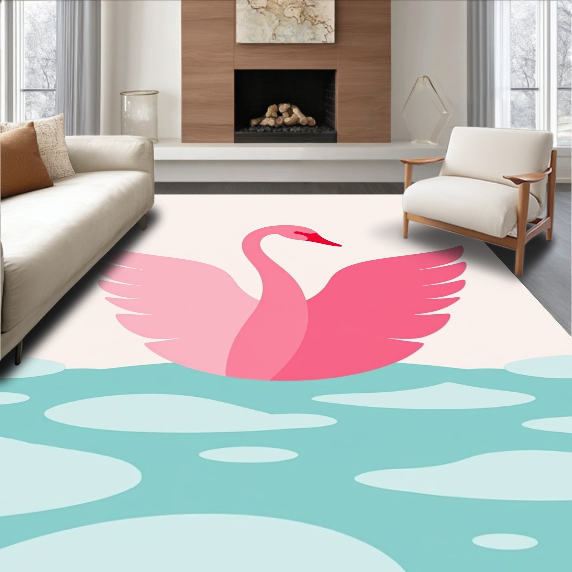 Pink Swan On Aqua Water Waves Rug