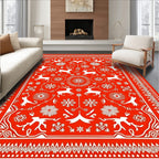 Bright Red Winter Deer Snowflake Scene Rug