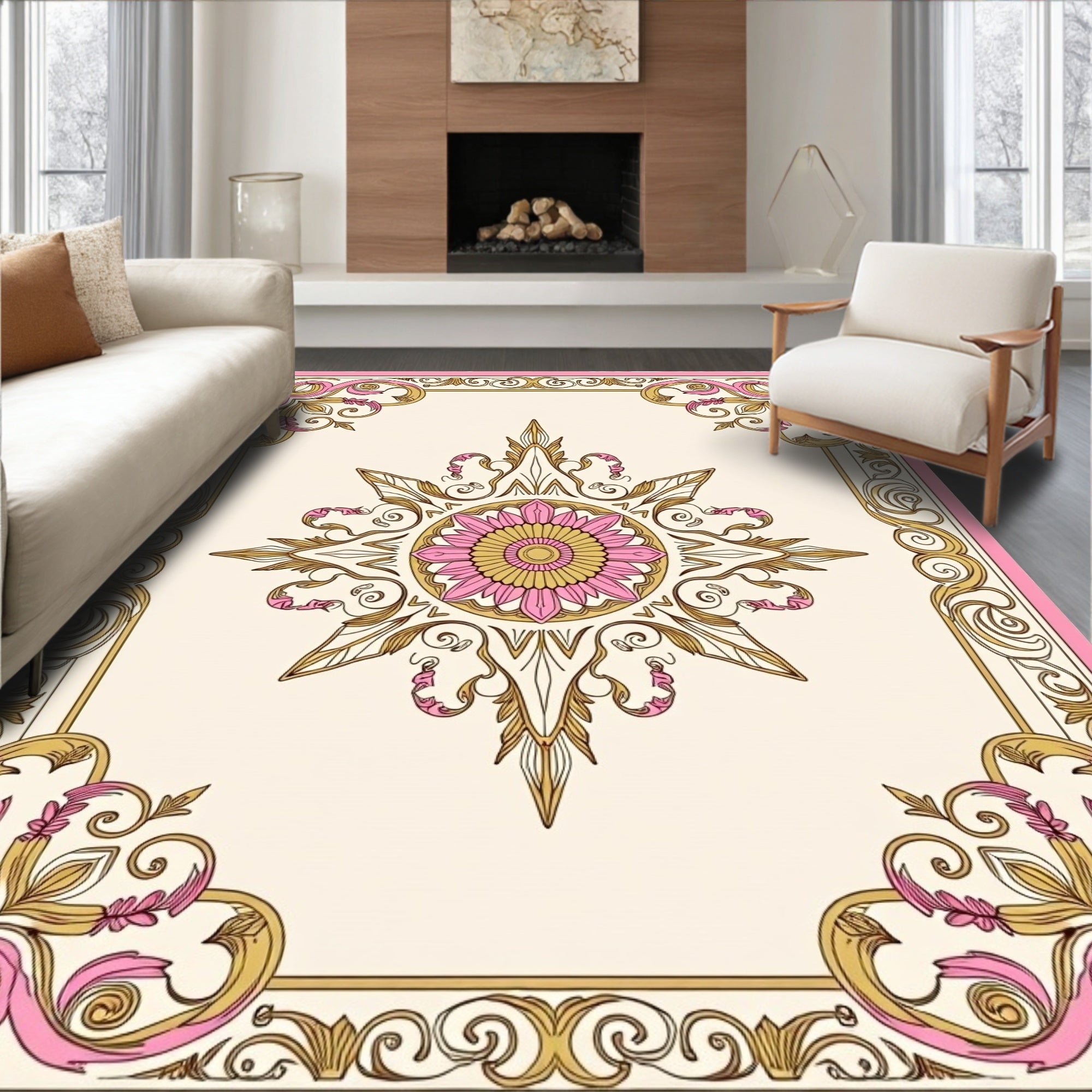 Pink Golden Floral Medallion Frame Rug