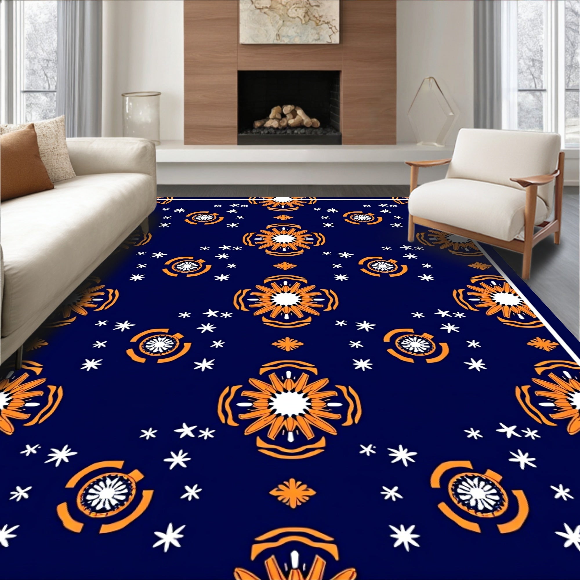 Navy Orange Floral Starburst Scatter Rug