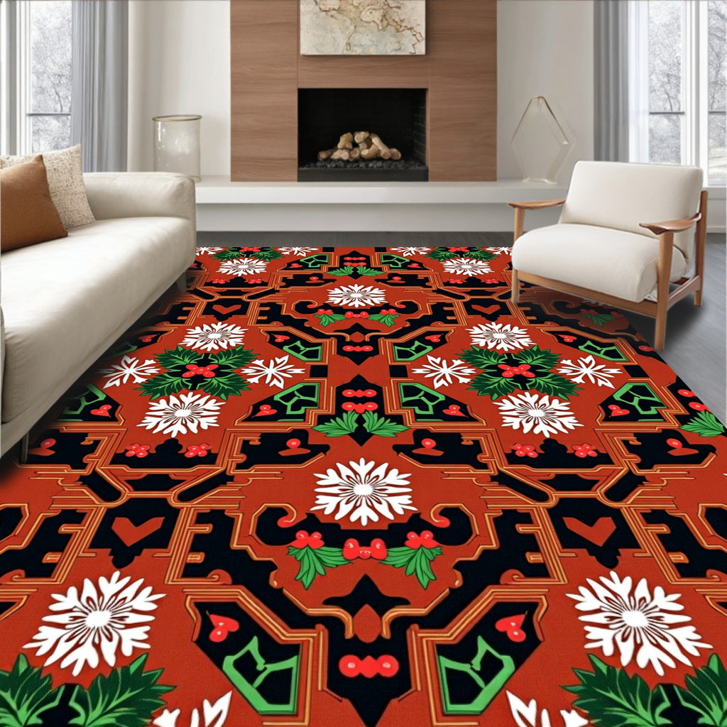 Ornate Red White Holly Floral Rug