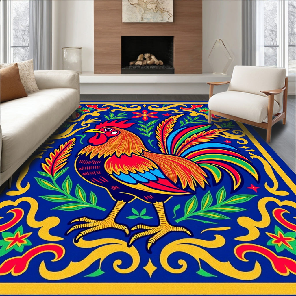 Vibrant Rooster Floral Blue Garden Rug