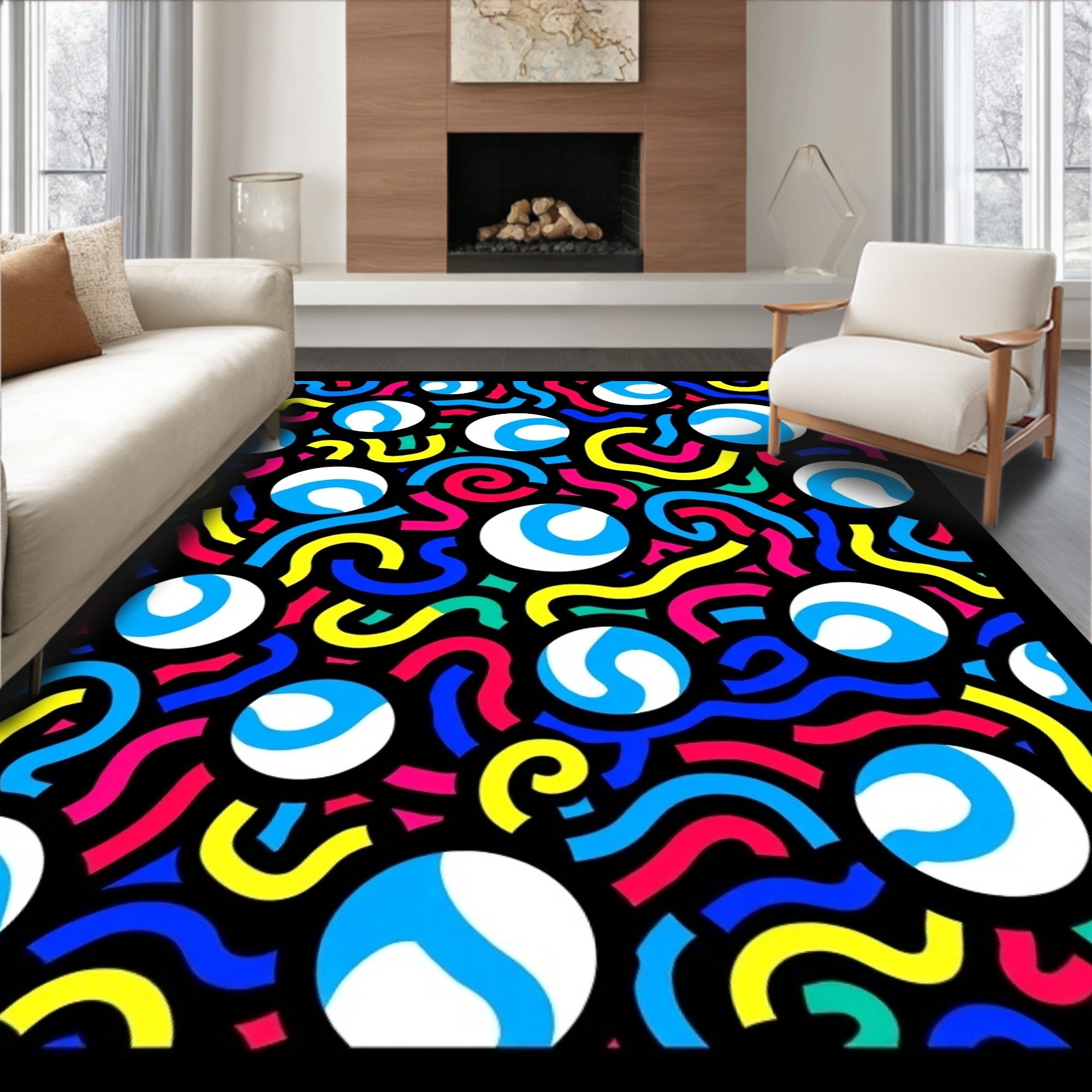 Retrowave Blue White Circles Vibrant Waves Rug