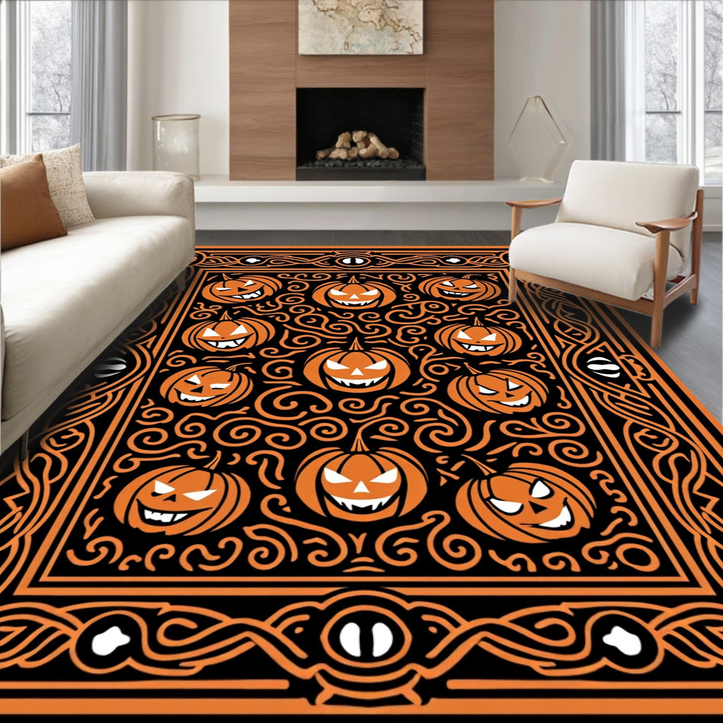 Orange Pumpkin Spooky Swirls Border Rug