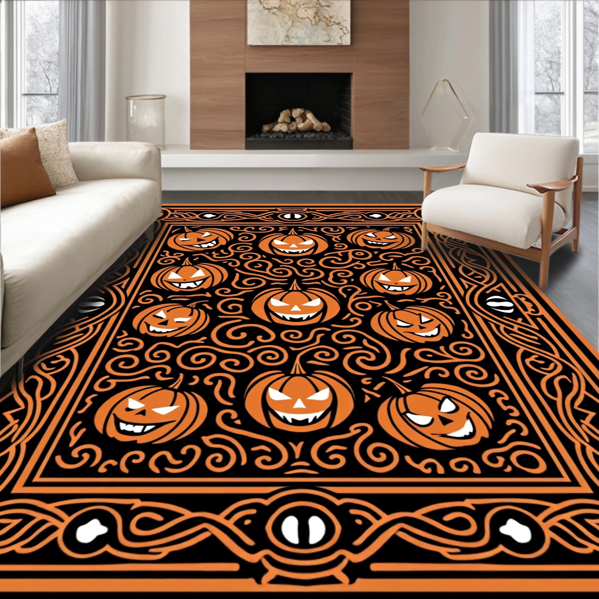 Orange Pumpkin Spooky Swirls Border Rug